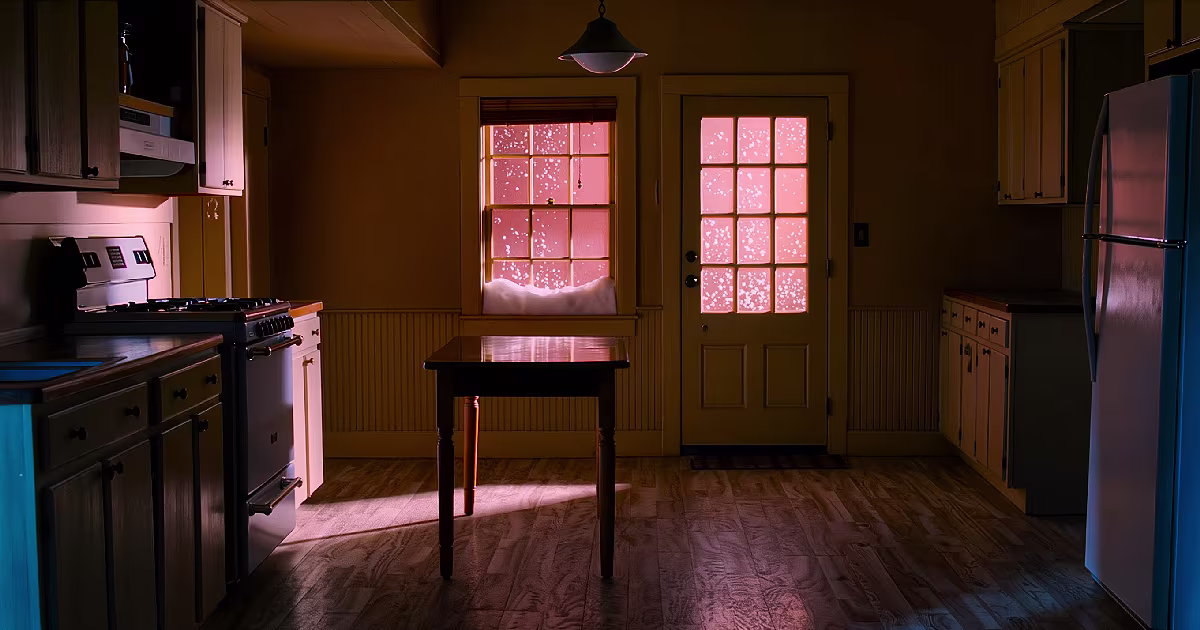 1960s New England kitchen at night. Orange glow at the window. Illustration.