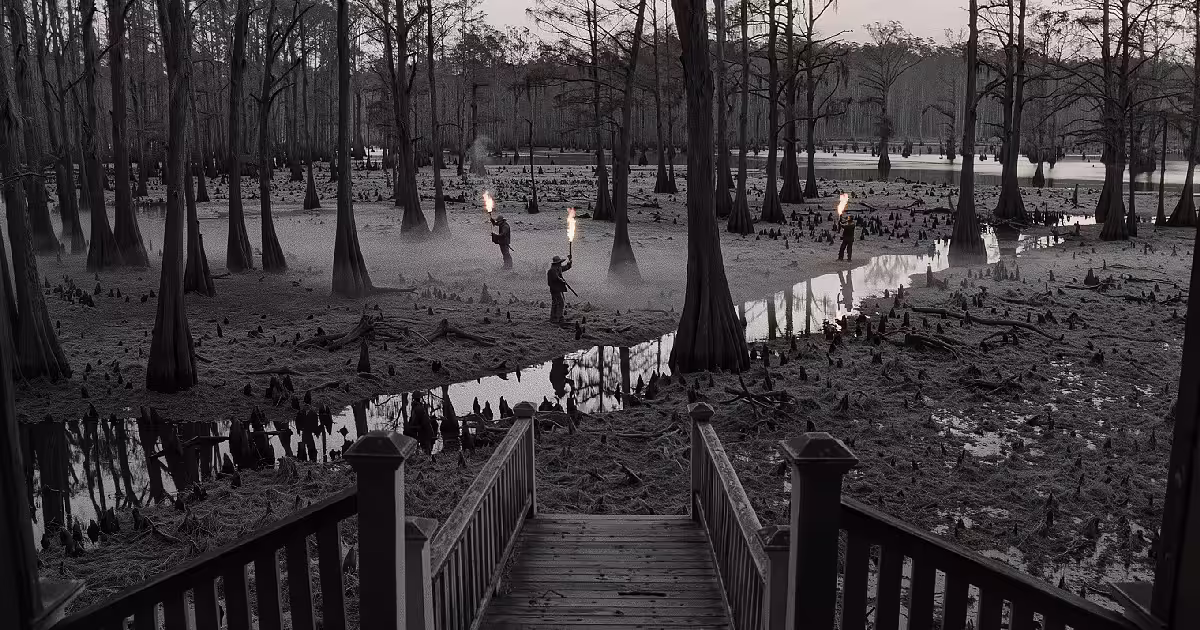 Men with torches searching a flooded cypress swamp in black and white, seen from a wooden footbridge. Illustration.
