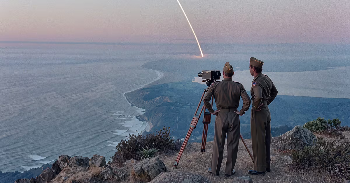 Big Sur coastline at dawn. Telescope dome, missile trail. Illustration.