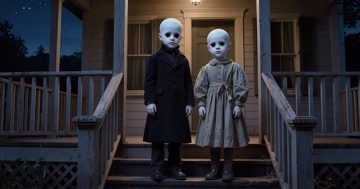 Two pale children with pitch-black eyes wait on a porch at night. Illustration.