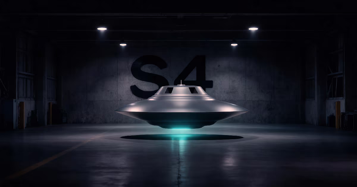 A silver flying disc hovers above the floor of a dark concrete hangar marked S4, with a cyan glow beneath it. Illustration.