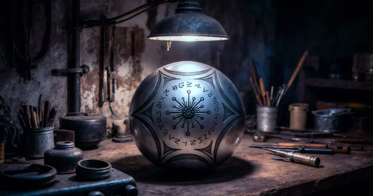 A polished metal sphere carved with symbols rests on a workbench. Illustration.