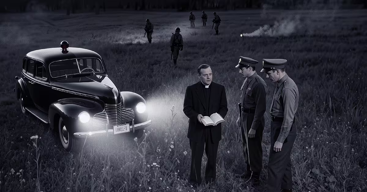 Missouri field at night, 1940s. Car headlights, empty grass. Illustration.