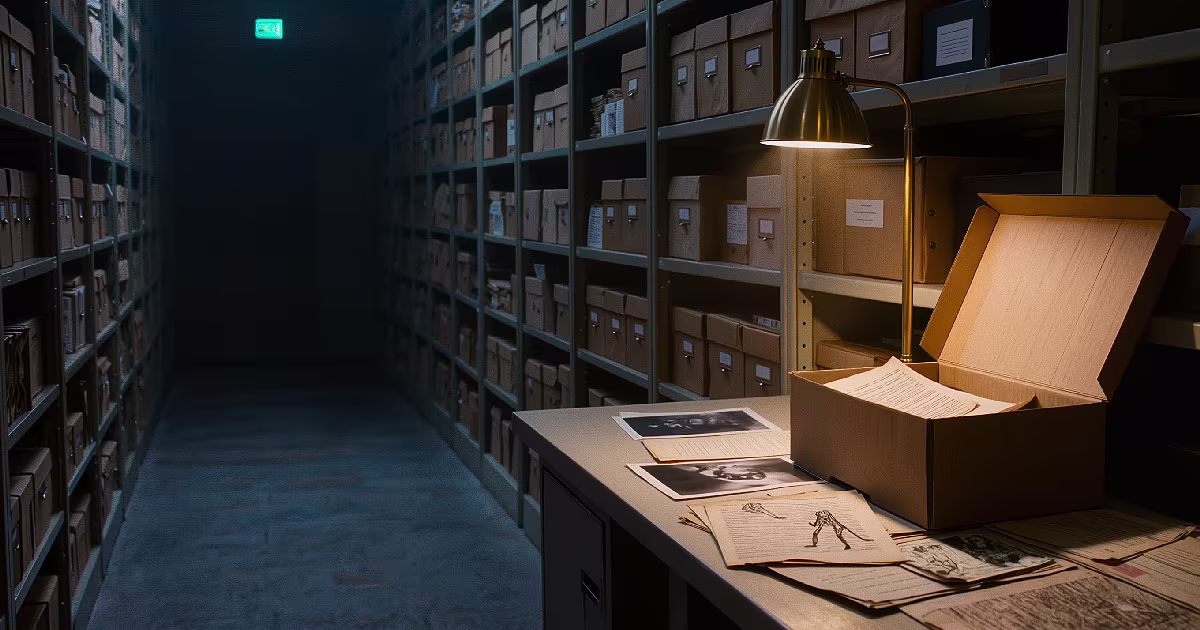 An open archive box of case files and sketches under a desk lamp. Illustration.