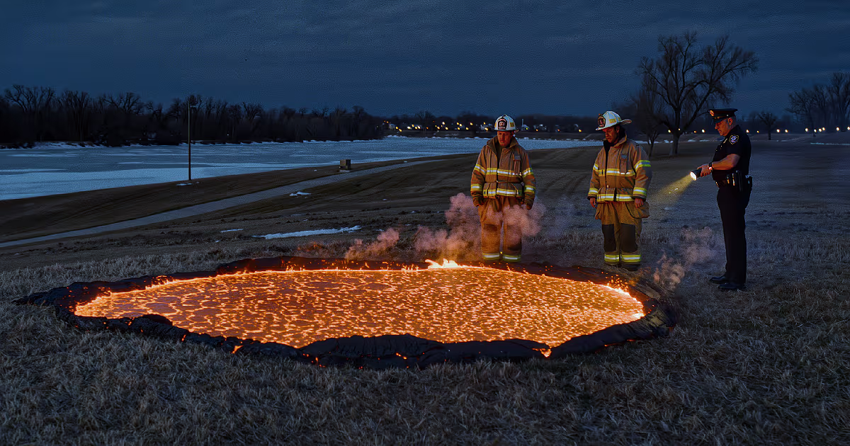 Iowa park levee at night. Frozen grass, orange glow. Illustration.