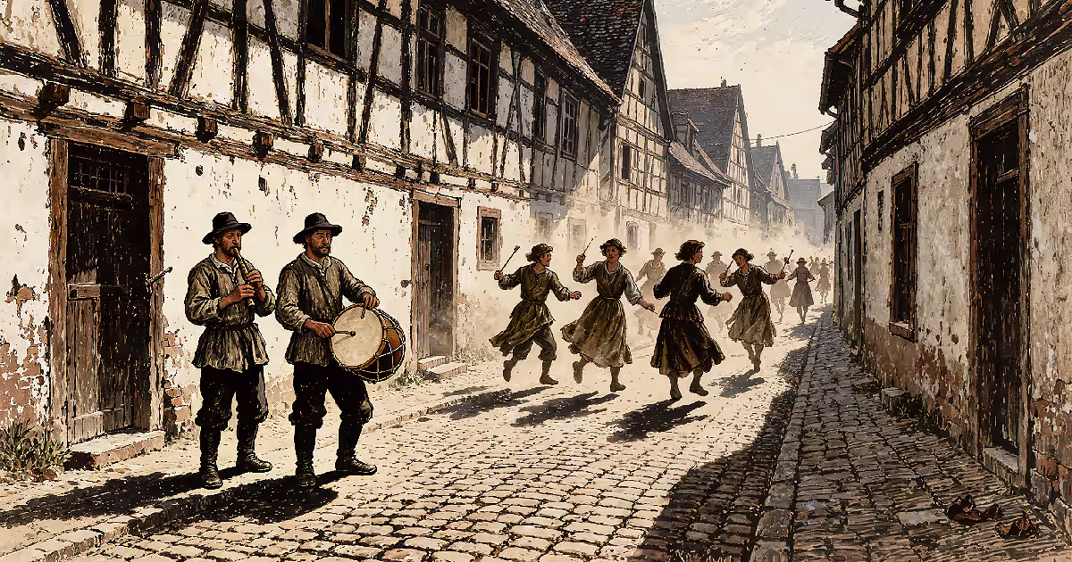 Two musicians with a pipe and a drum leading a line of dancers down a cobbled Strasbourg street of half-timbered houses. Illustration.