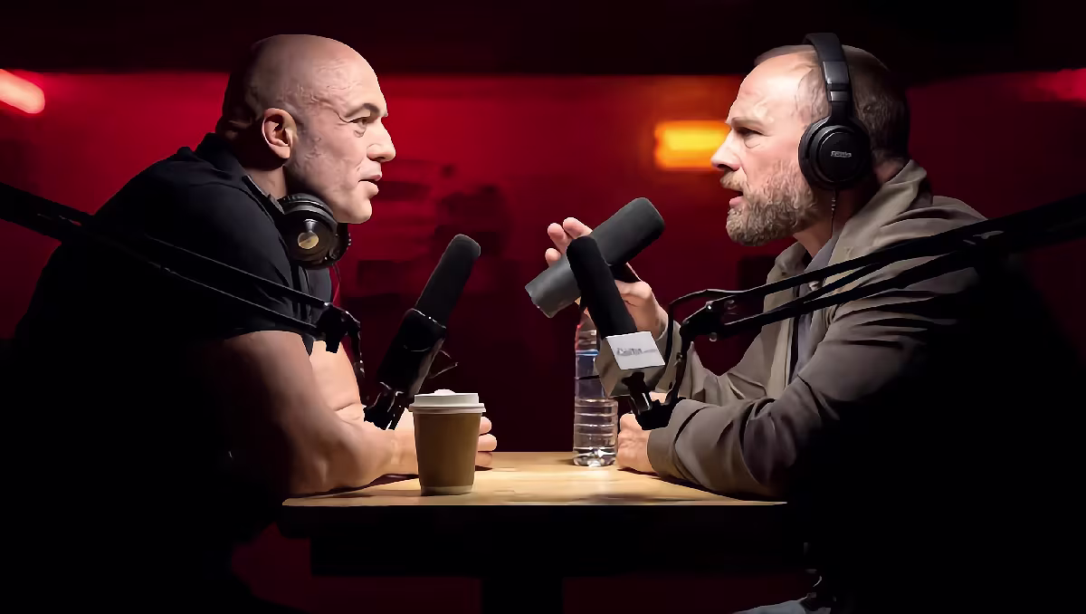 Joe Rogan and David Grusch face each other across the studio table for episode #2560 of The Joe Rogan Experience, 30 September 2026. Illustration.
