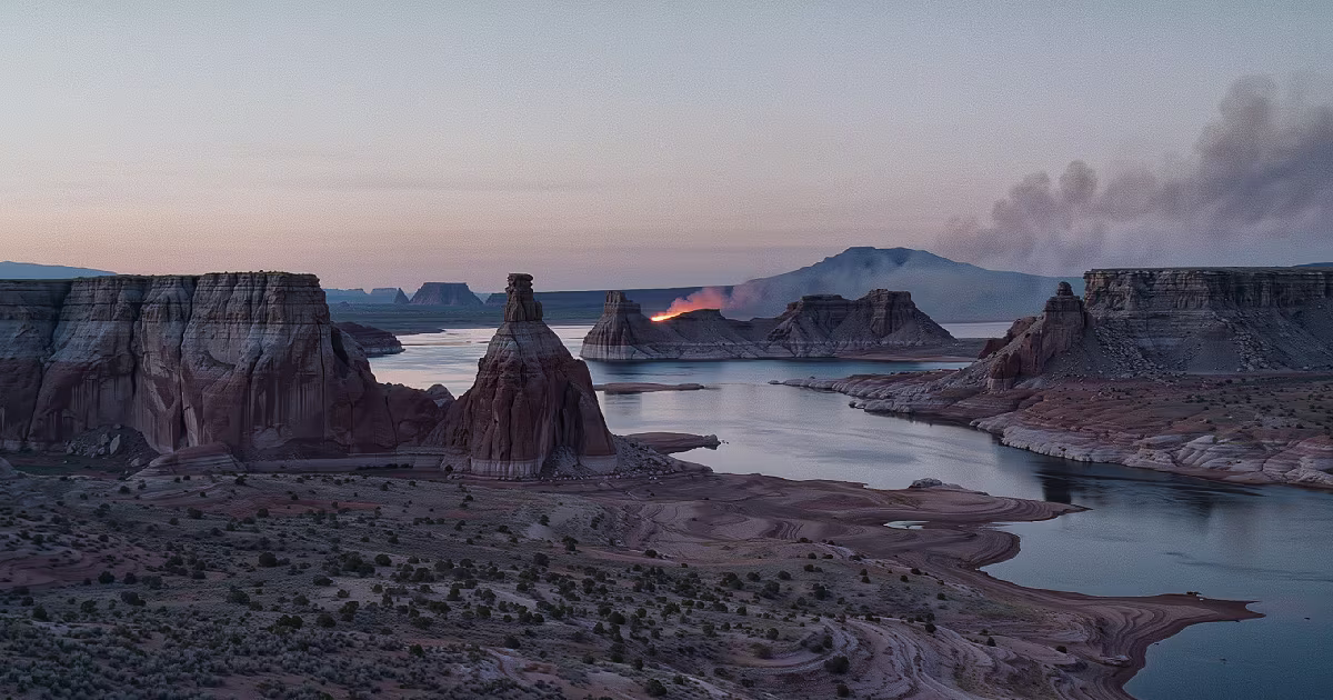 A fire burning among canyons and mesas beside the water at dusk. Illustration.