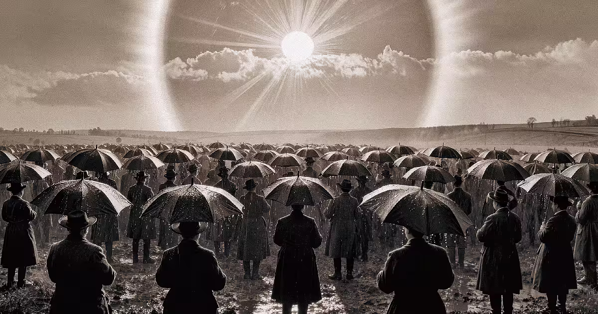 A crowd with umbrellas stares up at a blazing sun over a muddy field. Illustration.
