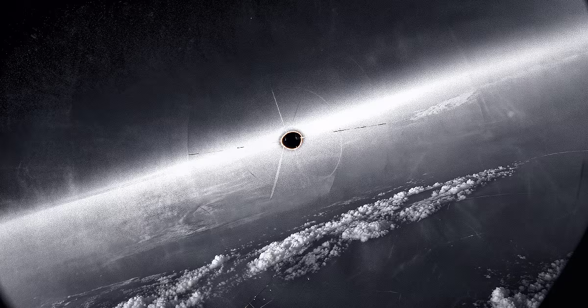 Grey infrared frame. Ocean below, empty sky. Illustration.