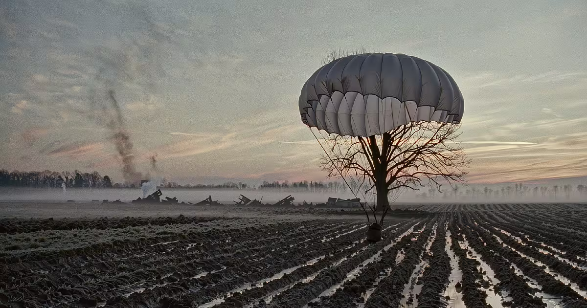 A white parachute caught in a bare tree above a frosty ploughed field at dawn, with smoke rising from wreckage in the distance. Illustration.