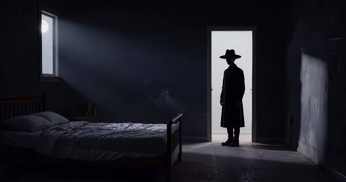 A figure in a brimmed hat waits in a moonlit bedroom doorway. Illustration.