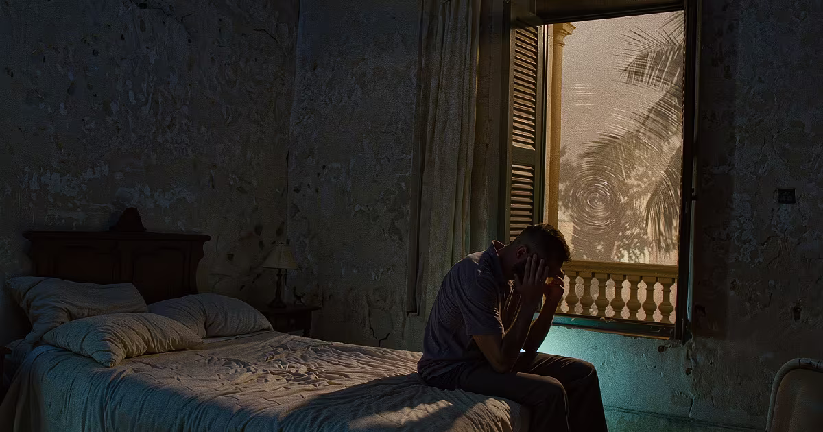 A man sits on the edge of a bed with his head in his hands as rings ripple across the window behind him. Illustration.