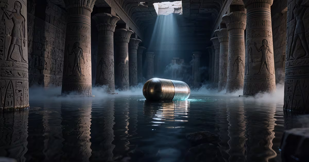 A metal capsule floats in a flooded hall of carved Egyptian columns. Illustration.