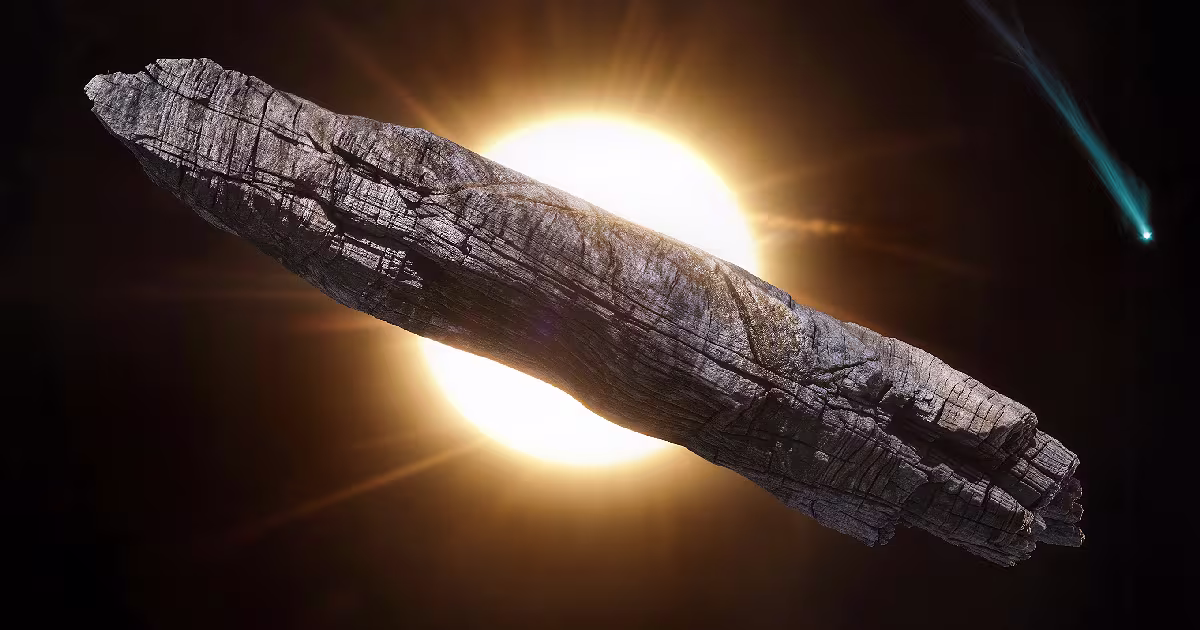 A long, tumbling rock crosses in front of the Sun. Illustration.