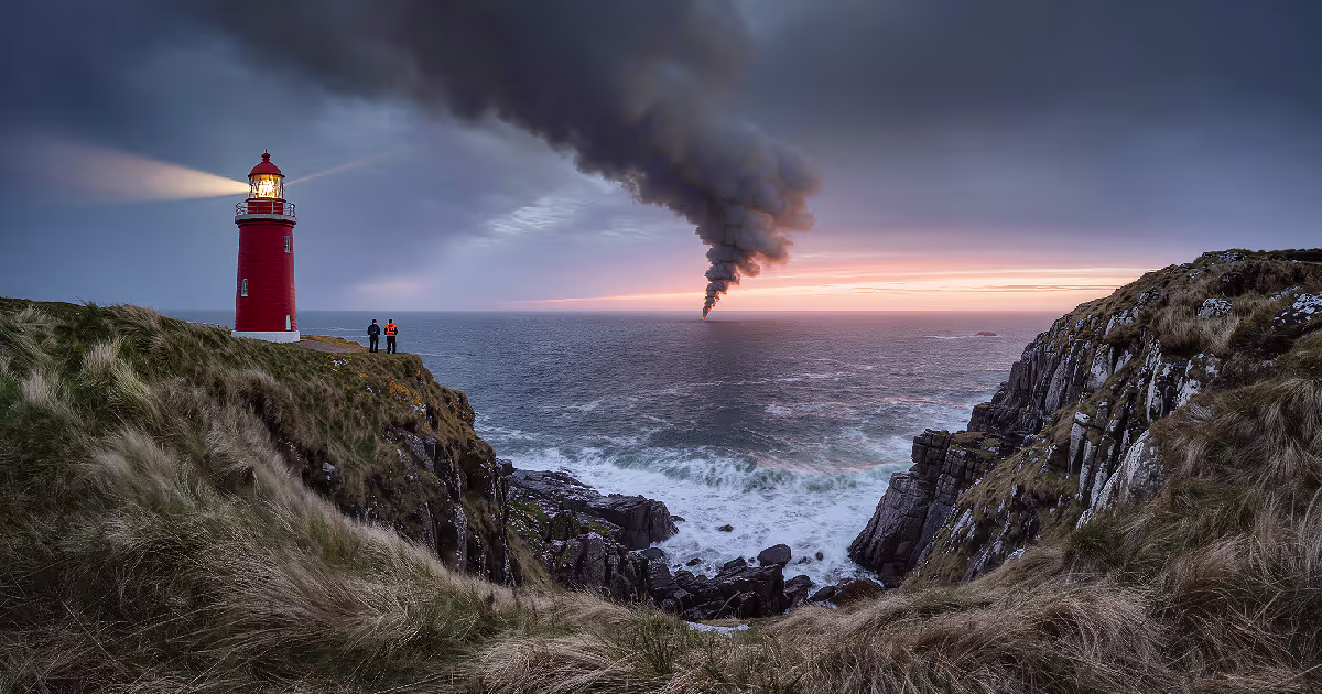 Two people by the Butt of Lewis lighthouse watching a column of smoke rise from the sea. Illustration.