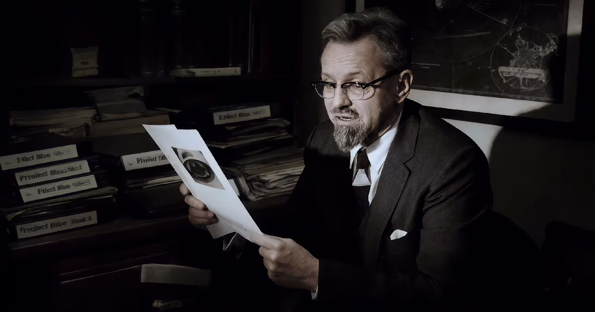 A bearded scientist reads a Project Blue Book file at his desk. Illustration.