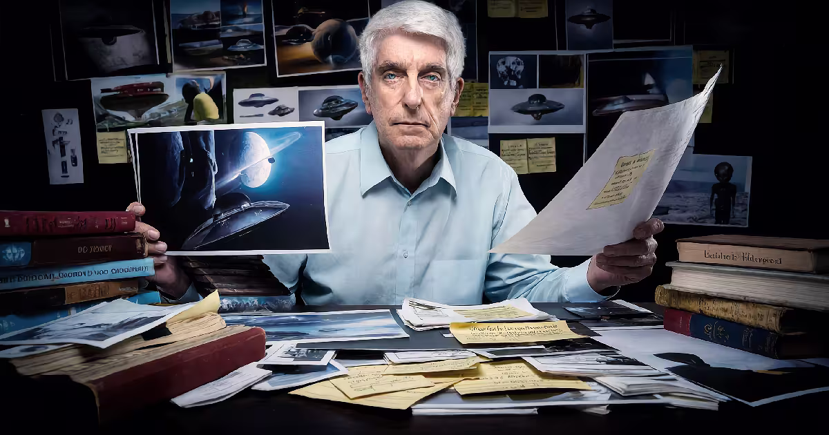 The legend himself, Jacques Vallée, among a lifetime of UFO files. Illustration.