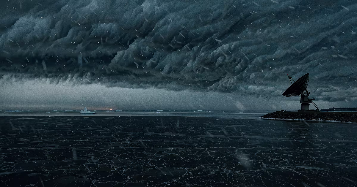 Lake Superior at night. Dark water, cloud, no aircraft. Illustration.