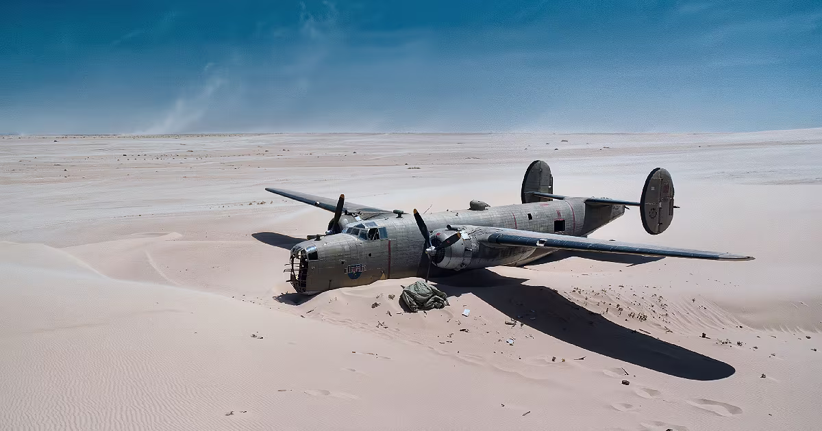 A broken B-24 bomber lying in pale sand in the Libyan desert. Illustration.