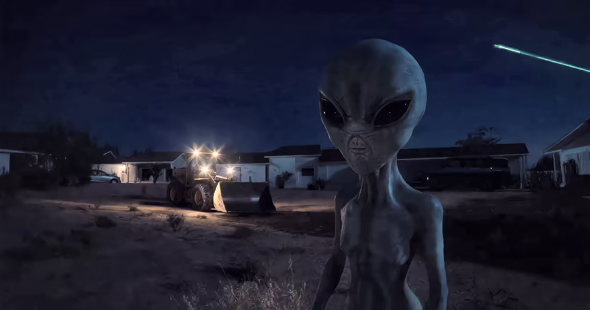 A grey being stands in a dark yard as a green fireball falls. Illustration.