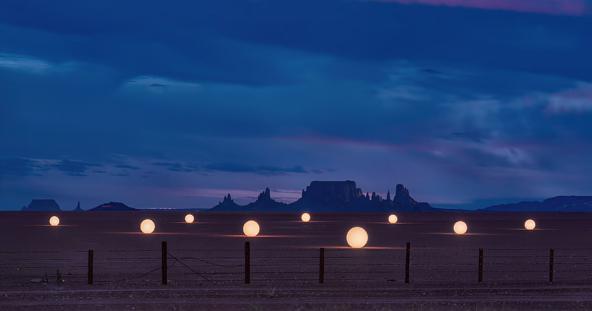 A row of glowing orbs hanging low over the dark desert of Mitchell Flat at dusk, behind a wire fence, with mesas on the horizon. Illustration.