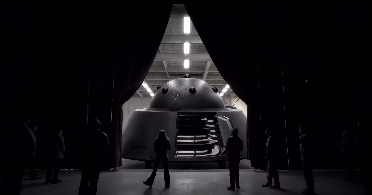 Aircraft hangar at night. Curtain, cold lights, empty floor. Illustration.
