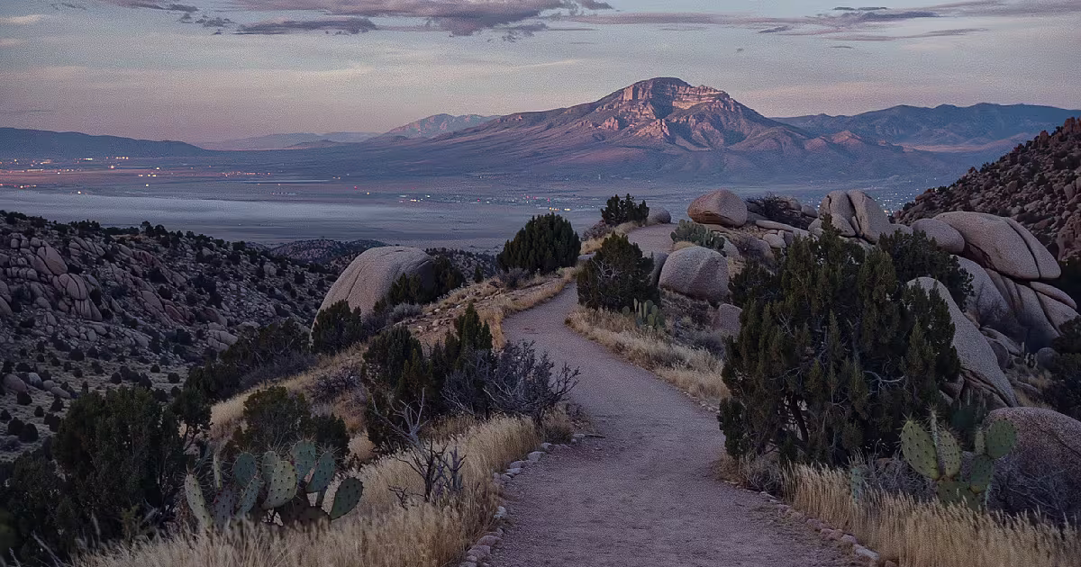 Sandia foothills trail at dusk, northeast Albuquerque. Illustration.