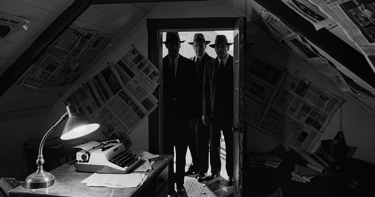 Three men in dark suits and hats standing in the doorway of a cluttered attic room, with a typewriter and a desk lamp in the foreground. Illustration.