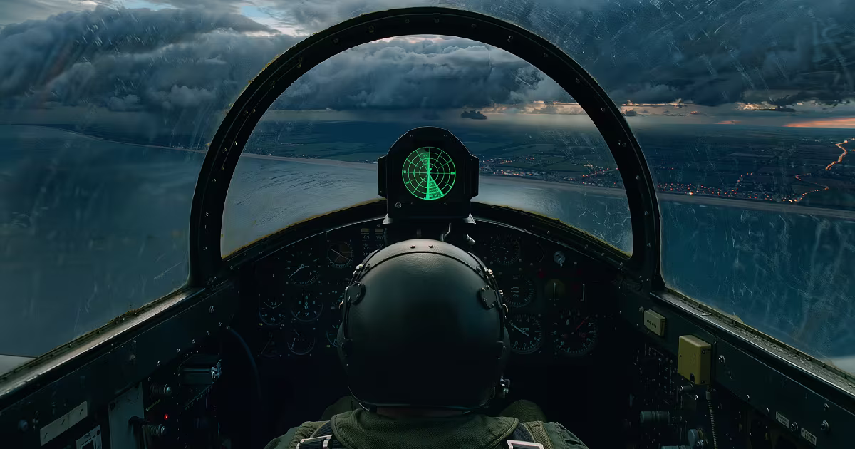 Night sky over East Anglia. Cockpit glow, empty radar sky. Illustration.