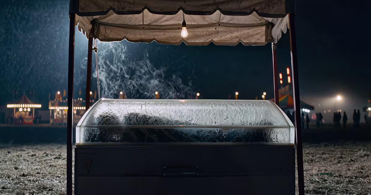 A frosted glass case under a small canvas awning at a night fair, with a dark shape inside the ice. Illustration.