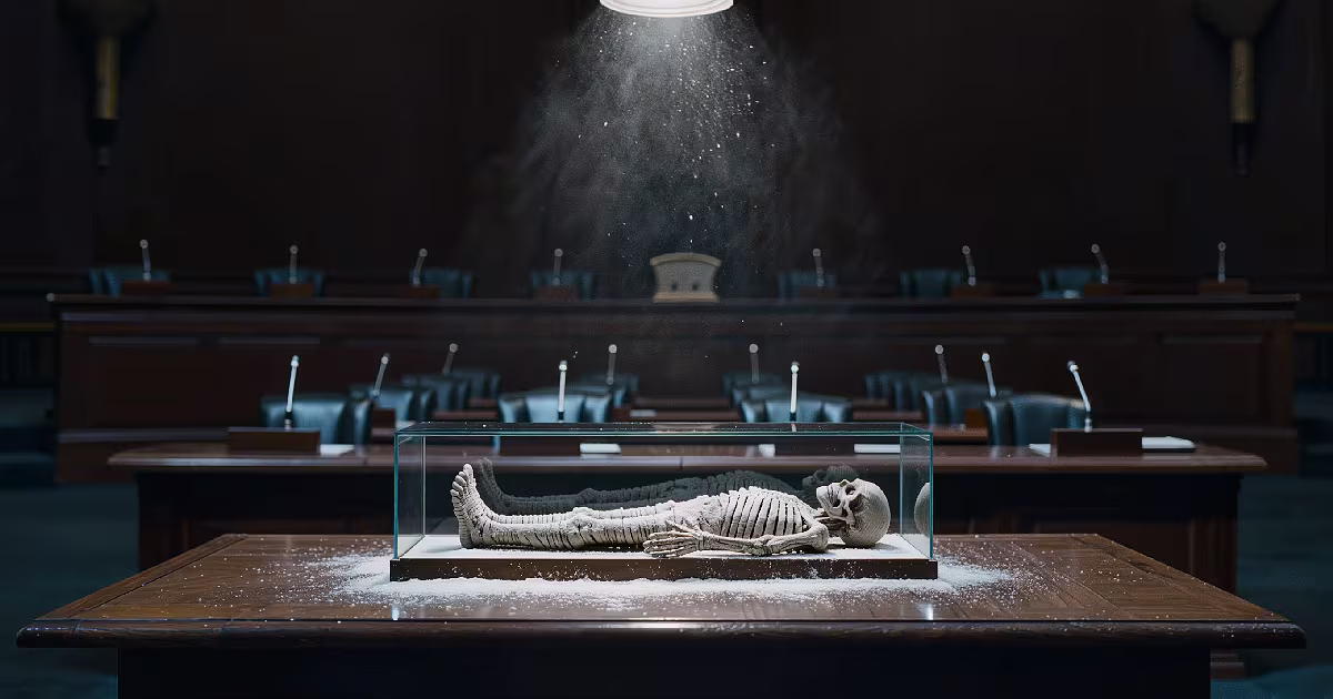 A small mummified body with a long skull and long fingers lies in a glass case dusted with white powder. Illustration.