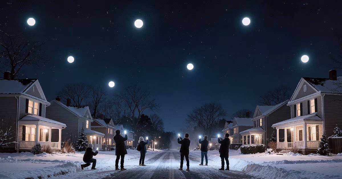 Suburban New Jersey at night. Blinking lights, bare trees. Illustration.