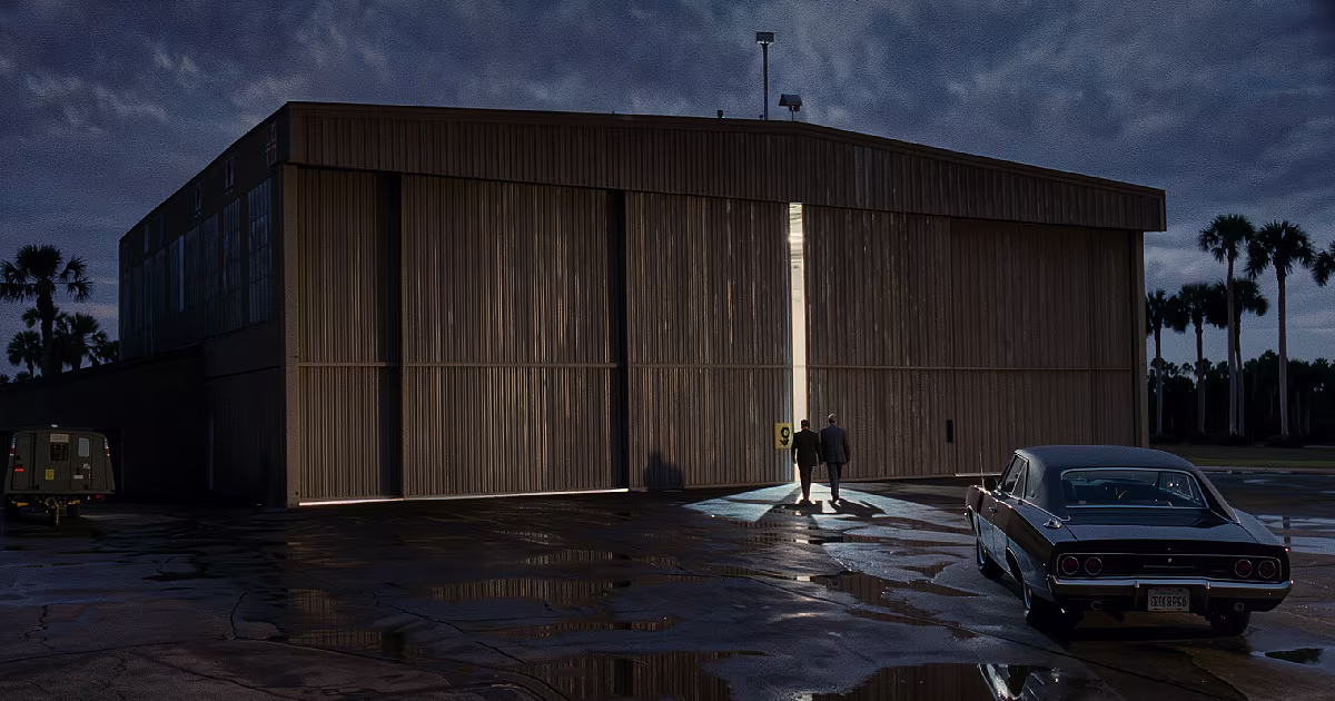 Florida air base at night. Hangar door, one light. Illustration.