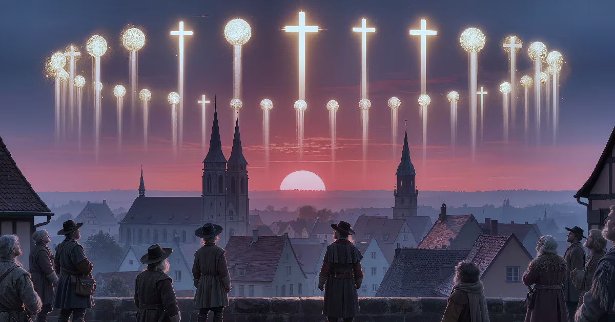 Old Nuremberg rooftops at dawn. Pale sky, bright sun. Illustration.