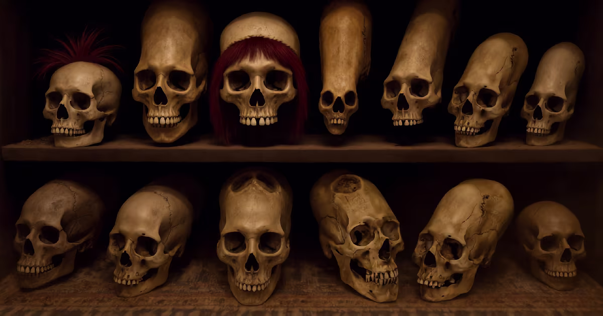 Two shelves of elongated skulls, some with tufts of dark red hair, in a dark museum cabinet. Illustration.