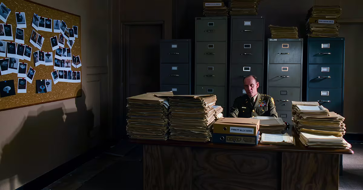An Air Force officer behind stacks of Blue Book case files. Illustration.