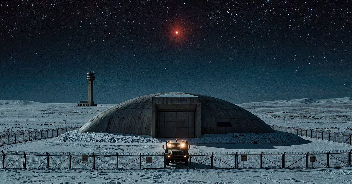 A red light hovers over a fenced missile site in the snow at night. Illustration.