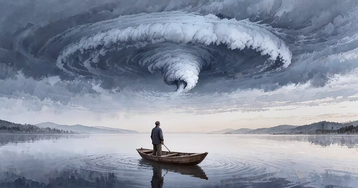 A lone boatman looks up as the sky swirls over a still lake. Illustration.