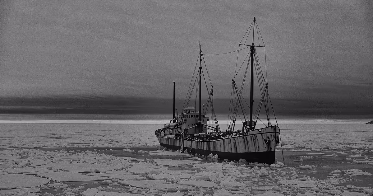 A small steamship with two masts frozen into broken pack ice under a grey Arctic sky, in black and white. Illustration.
