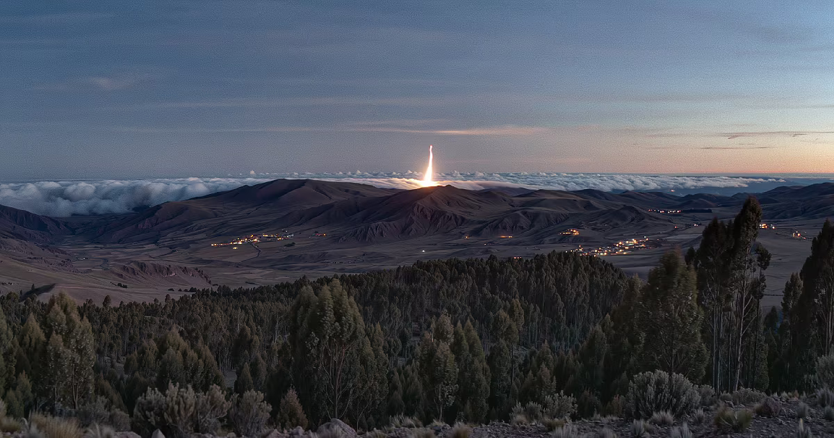 A bright streak falling behind a ridge in the forested hills near the Bolivia-Argentina border at dusk. Illustration.