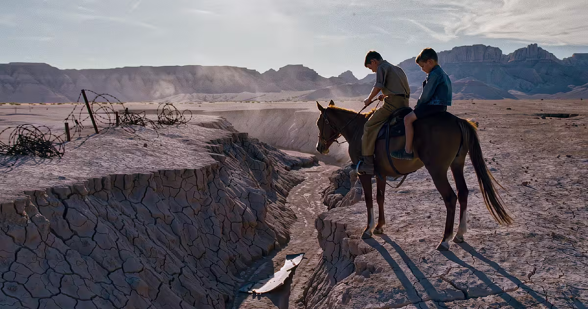 New Mexico desert gully, 1940s. Dust, low sun, fence line. Illustration.