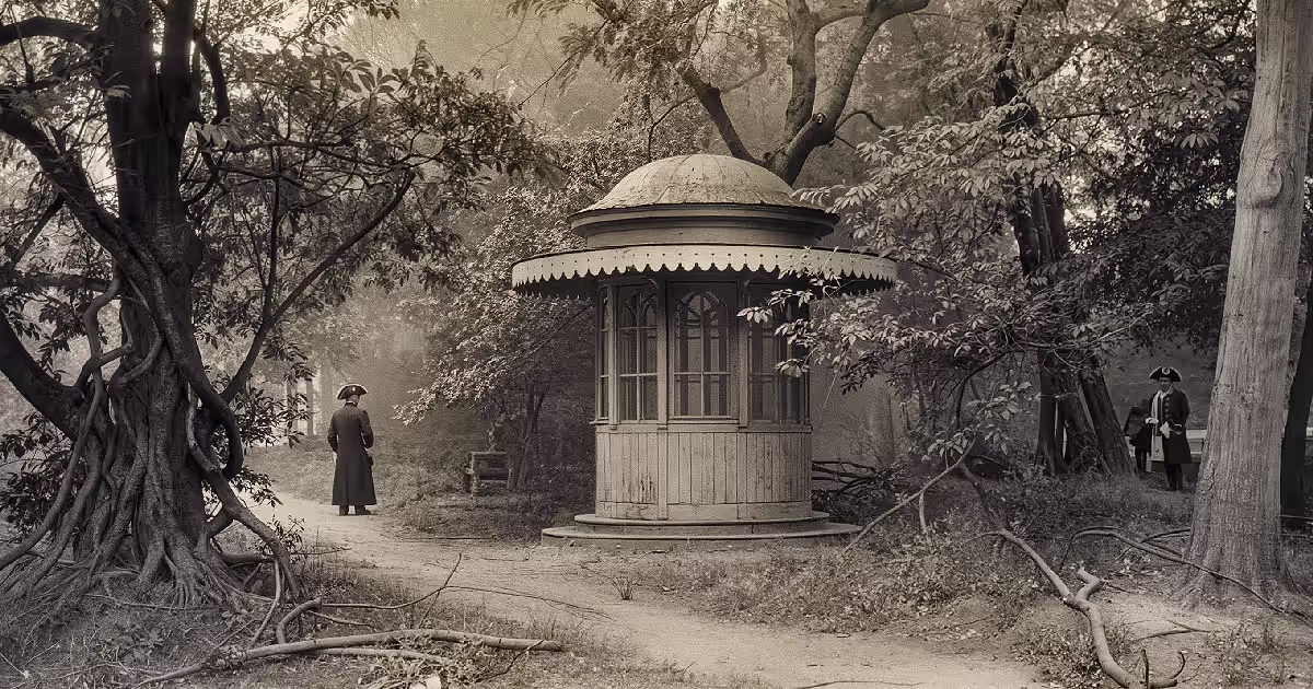 A small round kiosk on a garden path at the Petit Trianon, with figures in eighteenth-century dress among the trees. Illustration.
