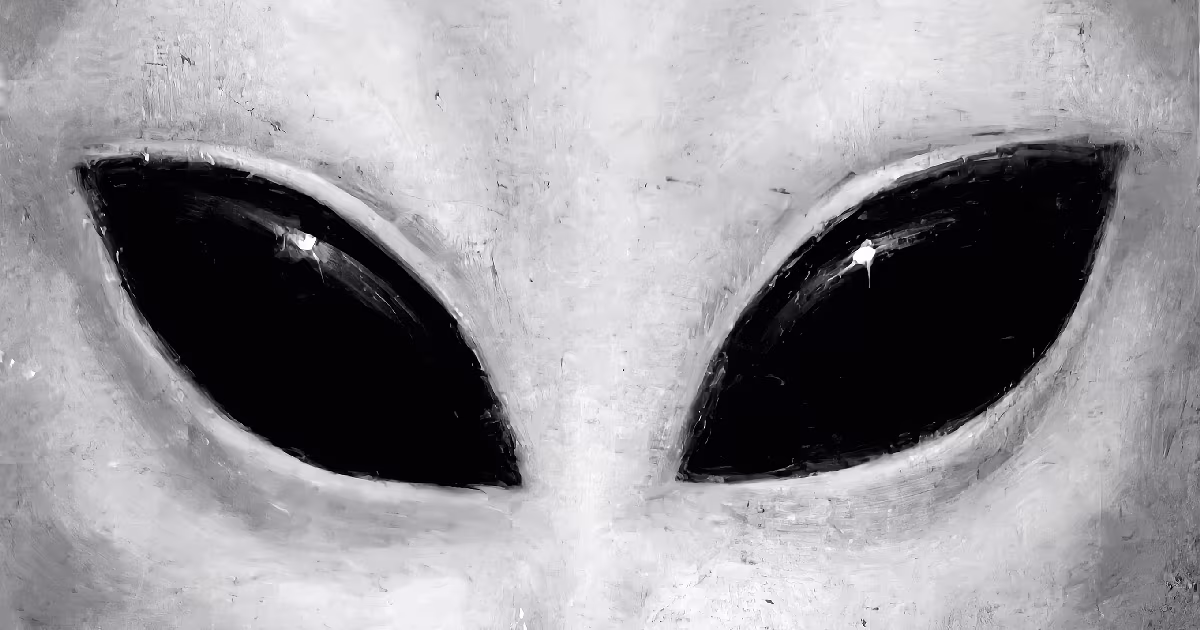 The visitor's face: grey skin and huge black almond eyes. Illustration.